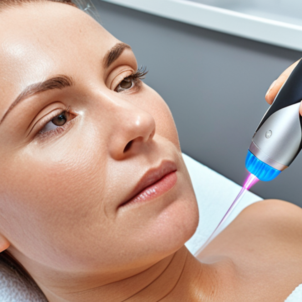**A close-up shot of a woman's face undergoing a Fraxel laser treatment at a modern skin clinic in Stockholm. The doctor is carefully moving the laser device, and the patient shows only slight discomfort. The clinic interior is bright and professional. Focus on the skincare technology and the patient's emotion**