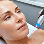 **A close-up shot of a woman's face undergoing a Fraxel laser treatment at a modern skin clinic in Stockholm. The doctor is carefully moving the laser device, and the patient shows only slight discomfort. The clinic interior is bright and professional. Focus on the skincare technology and the patient's emotion**
