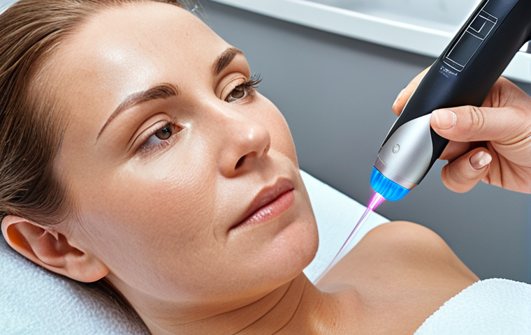 **A close-up shot of a woman's face undergoing a Fraxel laser treatment at a modern skin clinic in Stockholm. The doctor is carefully moving the laser device, and the patient shows only slight discomfort. The clinic interior is bright and professional. Focus on the skincare technology and the patient's emotion**