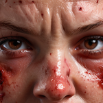 ** A stressed woman with red, irritated skin, possibly with visible rashes. The setting could be a close-up emphasizing the skin condition.

**