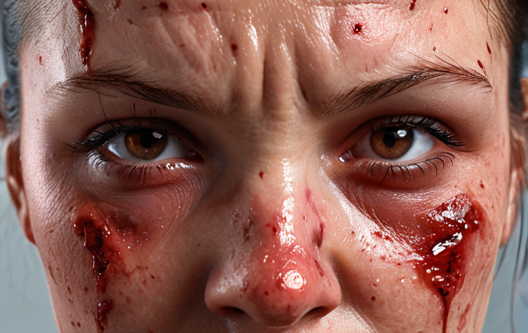 ** A stressed woman with red, irritated skin, possibly with visible rashes. The setting could be a close-up emphasizing the skin condition.

**
