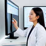A professional aesthetician, fully clothed in a modest, clean white lab coat, is engaged in a detailed consultation with a client in a modern, brightly lit dermatology clinic. The aesthetician points gently to a subtle, digital skin analysis display, while the client listens attentively with a calm and understanding expression. Both individuals are presented with perfect anatomy, correct proportions, and a natural pose, with well-formed hands and proper finger count. The background features minimalist clinic decor and hints of high-tech skincare equipment. Professional photography, high quality, soft studio lighting, safe for work, appropriate content, professional dress.