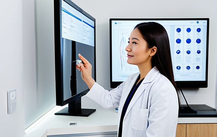 A professional aesthetician, fully clothed in a modest, clean white lab coat, is engaged in a detailed consultation with a client in a modern, brightly lit dermatology clinic. The aesthetician points gently to a subtle, digital skin analysis display, while the client listens attentively with a calm and understanding expression. Both individuals are presented with perfect anatomy, correct proportions, and a natural pose, with well-formed hands and proper finger count. The background features minimalist clinic decor and hints of high-tech skincare equipment. Professional photography, high quality, soft studio lighting, safe for work, appropriate content, professional dress.