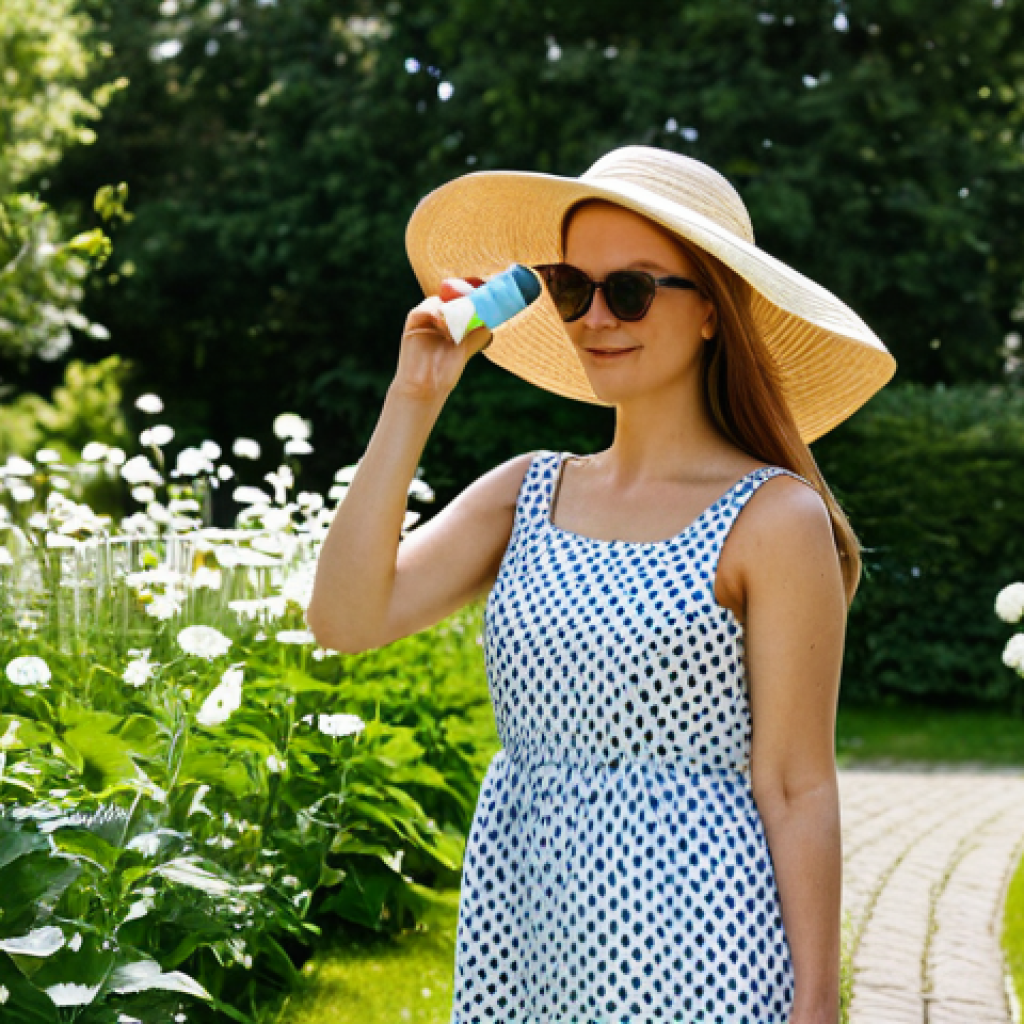 **

"A woman with fair skin wearing a large sun hat and sunglasses, fully clothed in a light summer dress, standing in a blooming Swedish garden during the day, holding a small travel-sized sunscreen bottle, safe for work, appropriate content, fully clothed, modest, professional photography, natural lighting, high quality, perfect anatomy, natural proportions."

**
