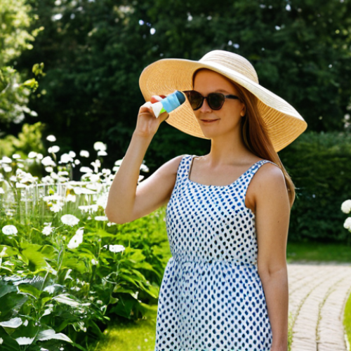 Home 23 **
"A woman with fair skin wearing a large sun hat and sunglasses, fully clothed in a light summer dress, standing in a blooming Swedish garden during the day, holding a small travel-sized sunscreen bottle, safe for work, appropriate content, fully clothed, modest, professional photography, natural lighting, high quality, perfect anatomy, natural proportions."
**