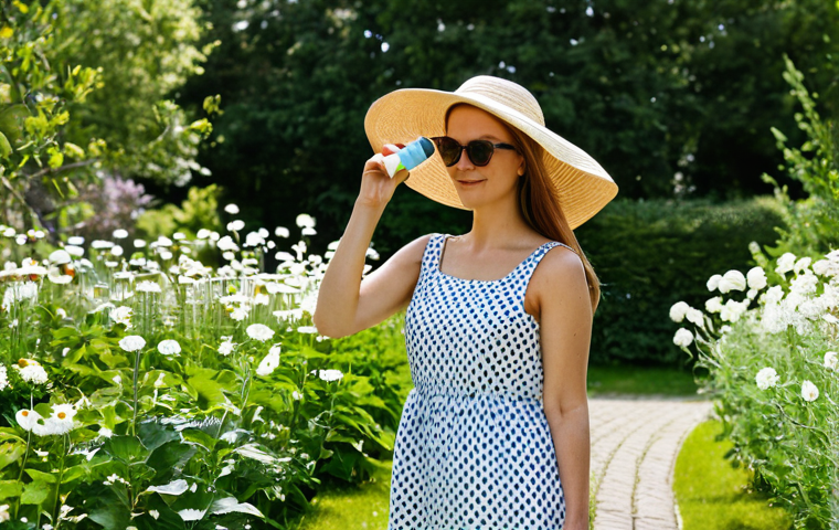 **
"A woman with fair skin wearing a large sun hat and sunglasses, fully clothed in a light summer dress, standing in a blooming Swedish garden during the day, holding a small travel-sized sunscreen bottle, safe for work, appropriate content, fully clothed, modest, professional photography, natural lighting, high quality, perfect anatomy, natural proportions."
**