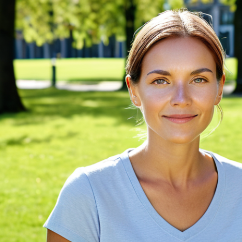 Home 9 ** A woman with radiant skin, showcasing the results of a mild fractional laser treatment. She's outdoors in natural light, possibly in a Stockholm park. The image focuses on healthy, glowing skin with minimal visible pores. Safe for work, appropriate content, fully clothed, professional, natural proportions.
**