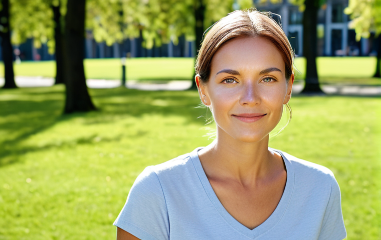 ** A woman with radiant skin, showcasing the results of a mild fractional laser treatment. She's outdoors in natural light, possibly in a Stockholm park. The image focuses on healthy, glowing skin with minimal visible pores. Safe for work, appropriate content, fully clothed, professional, natural proportions.
**
